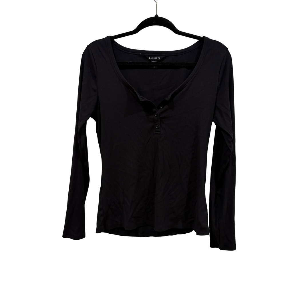Athleta Black Ribbed Henley Long Sleeve Scoop Neck Top S/472918-01 women's Large